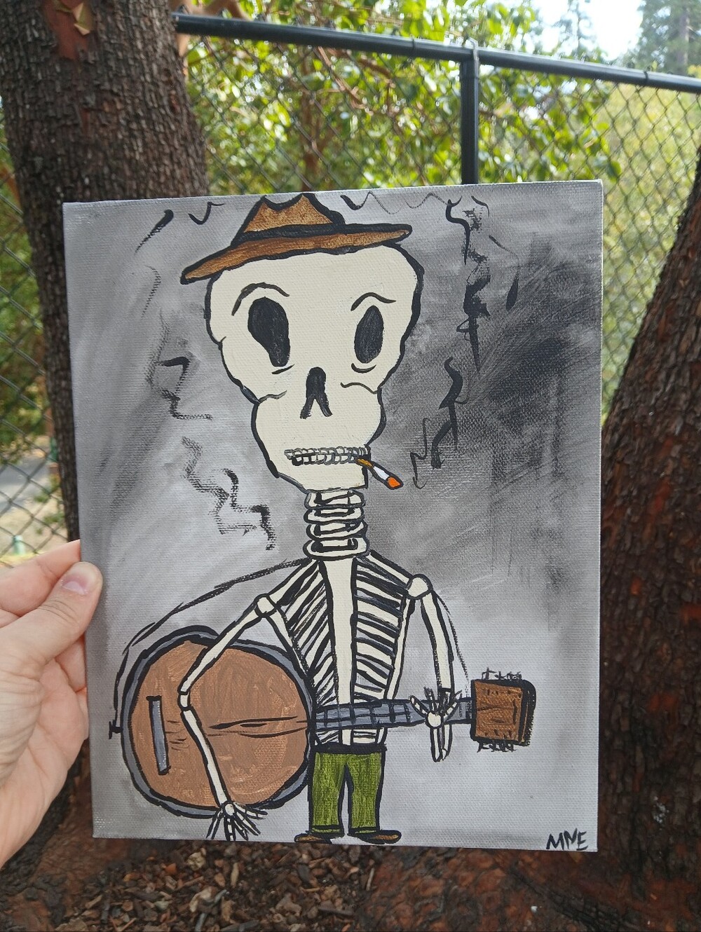 Skeleton Playing Banjo Painting Folk Art